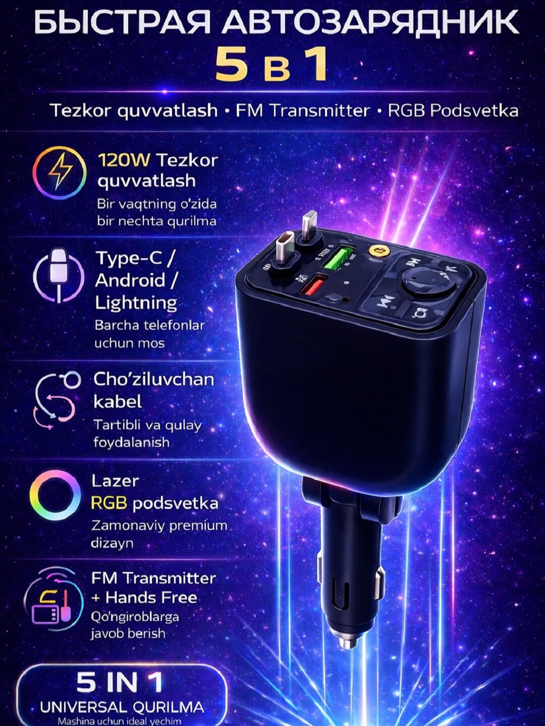 Авто-зарядное устройство, высокоскоростной зарядник с кабелями USB Type-C и iPhone, 120 W