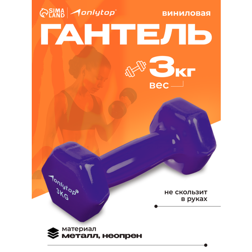 Гантель ONLYTOP, виниловая, 3 кг, неразборная, цвет фиолетовый
