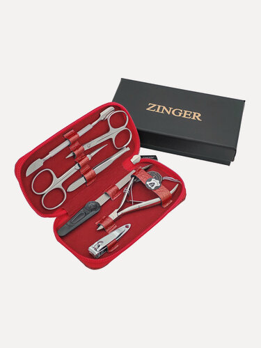 Изображение товара Маникюрный набор Zinger MS-7105, 7 предметов, медицинская сталь, натуральная кожа, серебристый/красный