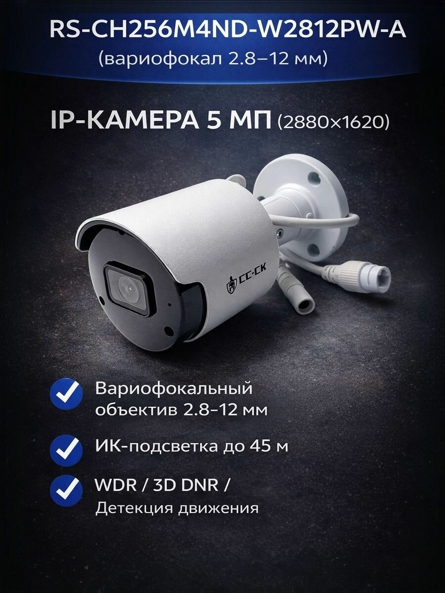 Видеокамера IP СС-СК RS-CH256M4CK-TF-LW36PW-M, Bullet 5Мп, ИИ, 3.6 мм, с микрофоном
