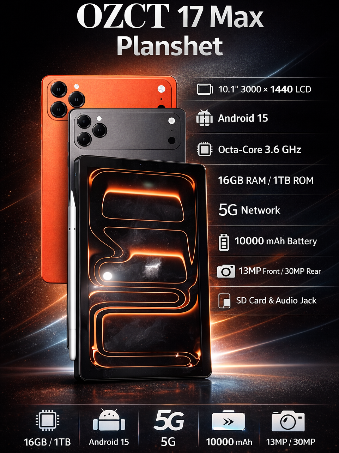 OZCT 17 Max planshet 10.1", 16GB RAM / 1TB xotira, Android 15, 5G, 10000 mAh batareya, klaviatura va stylus bilan