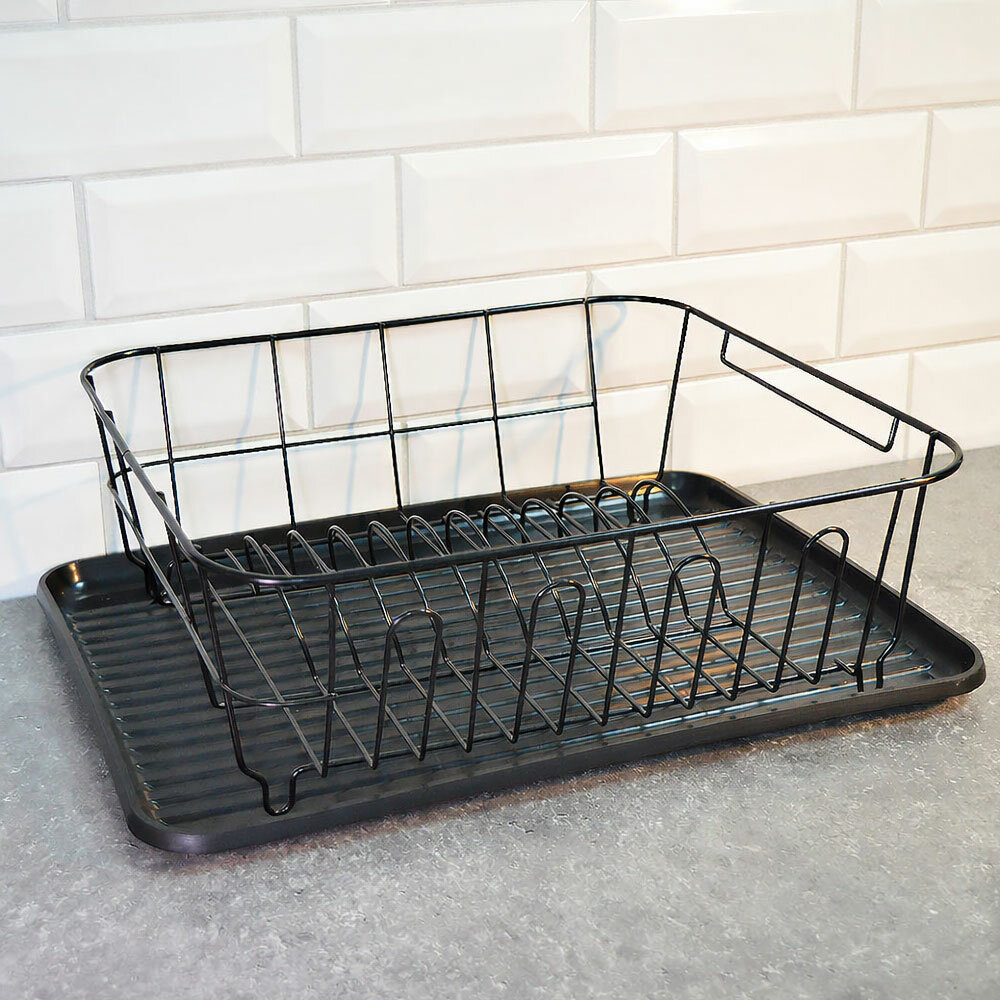 Сушилка для посуды с поддоном металлическая, черная настольная корзина для сушки тарелок, 43х33.5х13.5 см