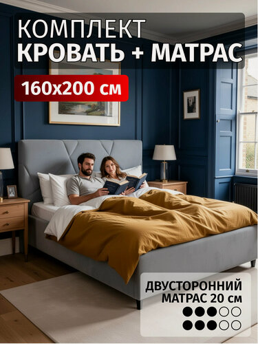 Изображение товара Кровать 160х200 c матрасом и подъемным механизмом двуспальная Амбер с ортопедическим основанием и ящиком для белья, мягкое изголовье, для спальни и дома, велюр светло-серый