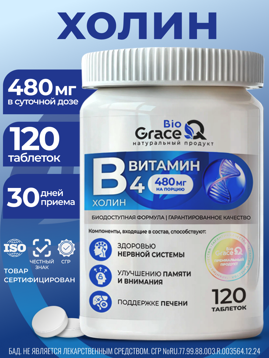 Витамин В4 Холин битартрат. Витамины для мозга и памяти, Ноотроп для концентрации, успокоительное, 480 мг, 120шт.