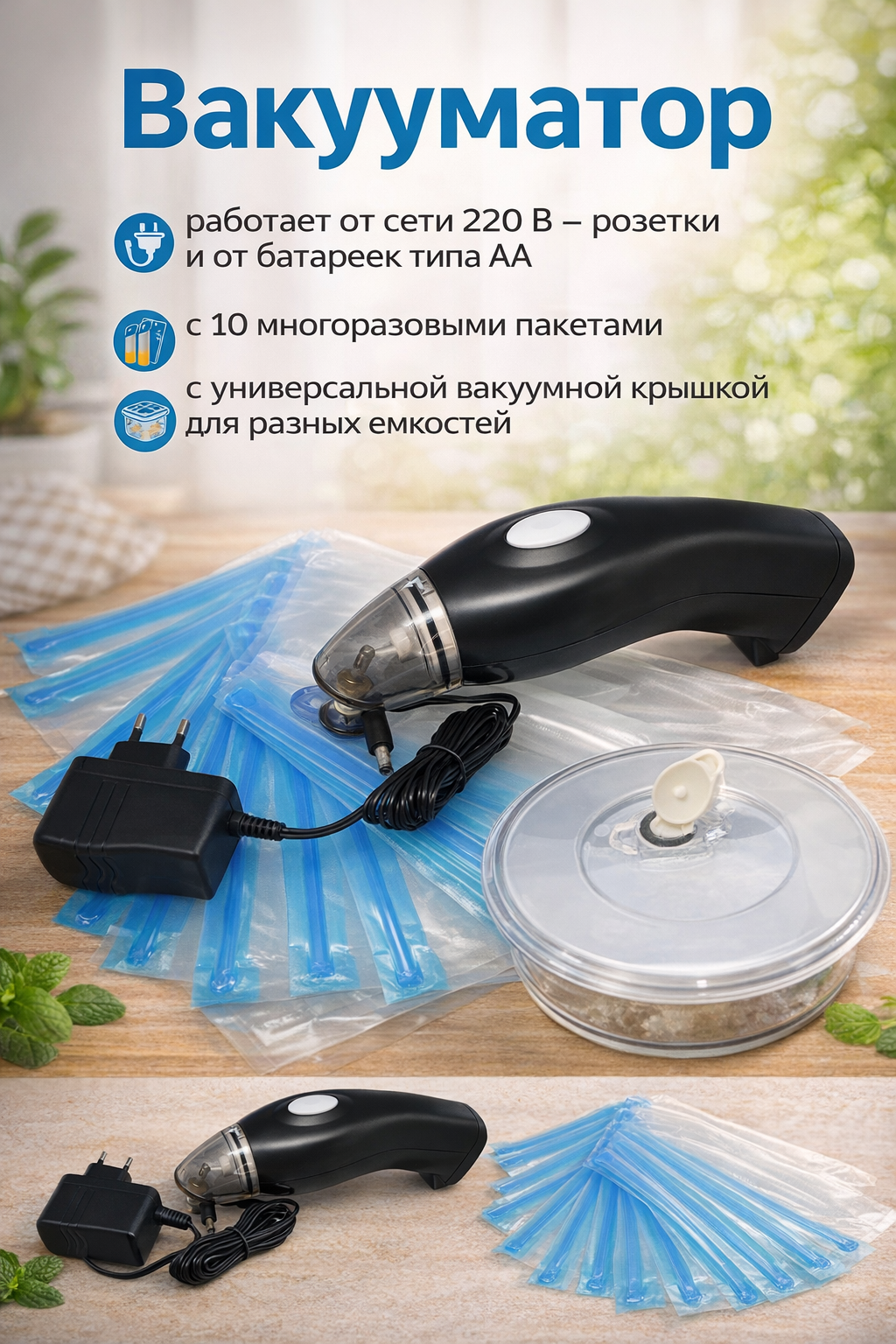 Вакууматор Randa, с многоразовыми пакетами и универсальной вакуумной крышкой