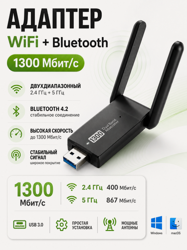 Изображение товара Адаптер WiFi+Bluetooth 1300 Mbps, 2 антенны, Wi-Fi ac (Wi-Fi 5), USB 3.0, черный