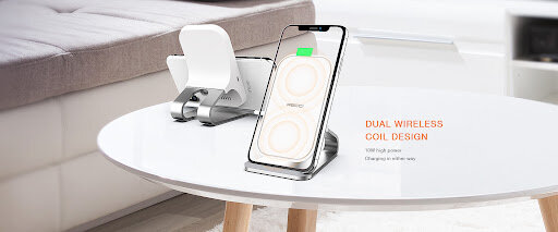 Беспроводное зарядное устройство подставка RECCI Vertical Wireless Charger RCW-06, 10W + Адаптер EU 18W QC3.0, Белый — фото 1