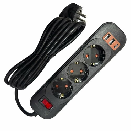 Сетевой фильтр удлинитель HG DUE HG-2523A с заземлением 3 розетки 2 USB 1 Type C черный 3 м 1286₽