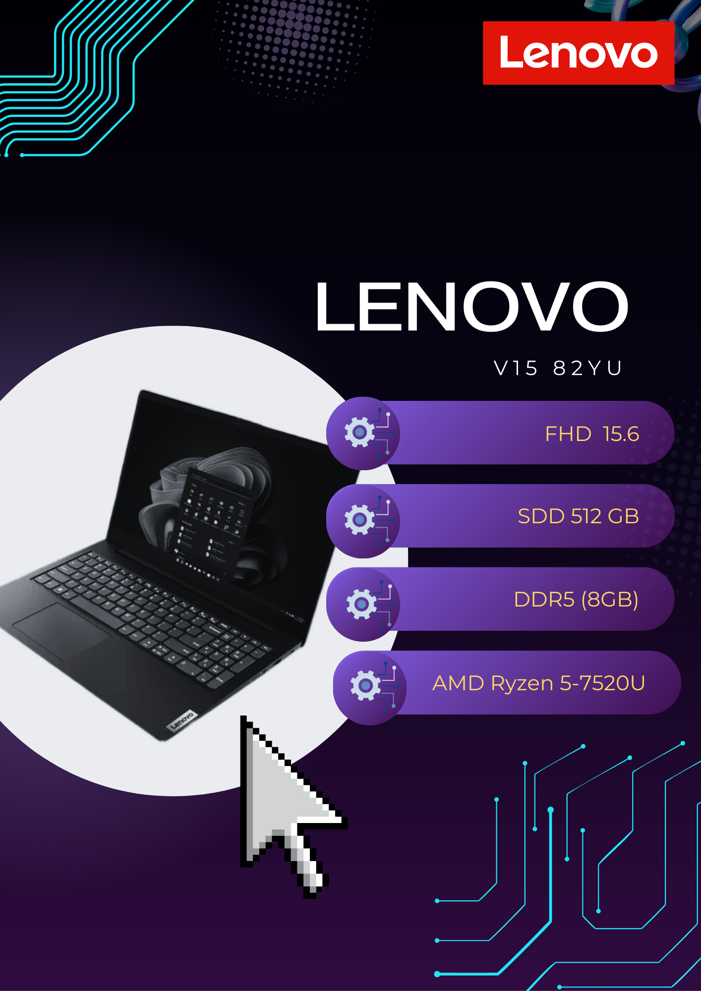 Ноутбук Lenovo V15 82YU015GAK, 15.6", 8GB RAM, SSD 512 GB, AMD Radeon 610M, черный