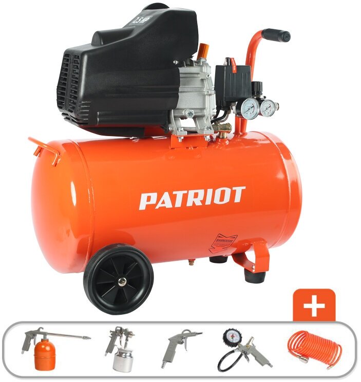 Компрессор масляный, Patriot, Euro 50-260К, 1.8 кВт, поршневой, 50 л, 260 л/мин, 8 бар, прямой, 2850 об/мин