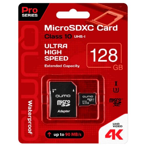 фото Карта памяти qumo microsdxc class 10 uhs class 3 128gb + sd adapter