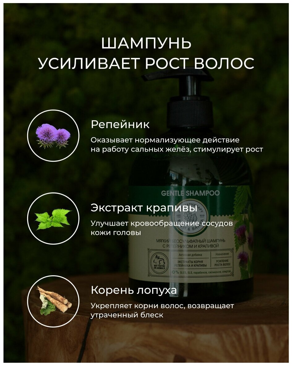 BATH&BANYA/ Шампунь 500мл без сульфатов и парабенов, натуральный, с репейником И крапивой, для роста волос, с дозатором