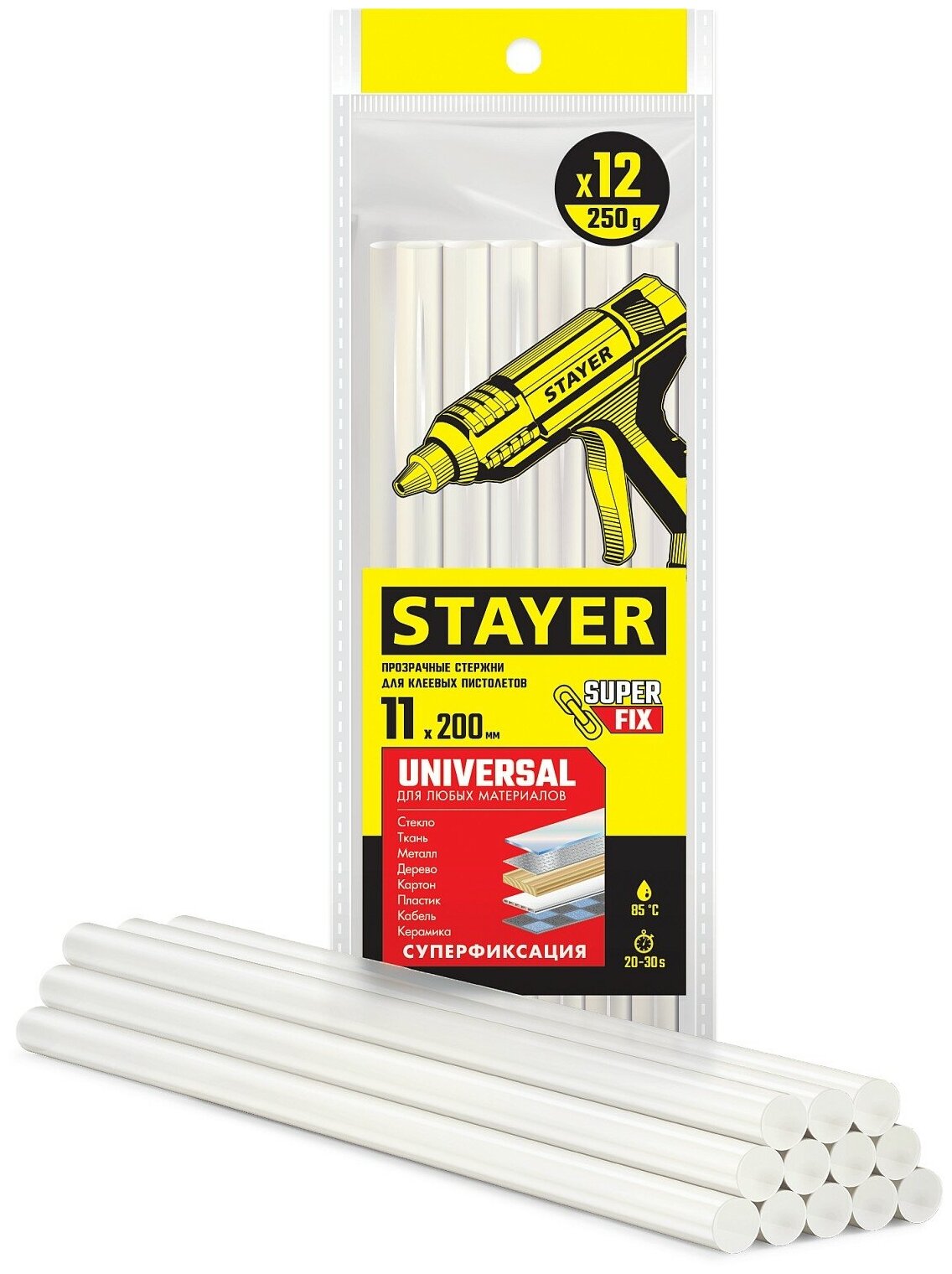 STAYER Universal, 11 х 200 мм, 12 шт, прозрачные, универсальные клеевые стержни Professional (06821-12)