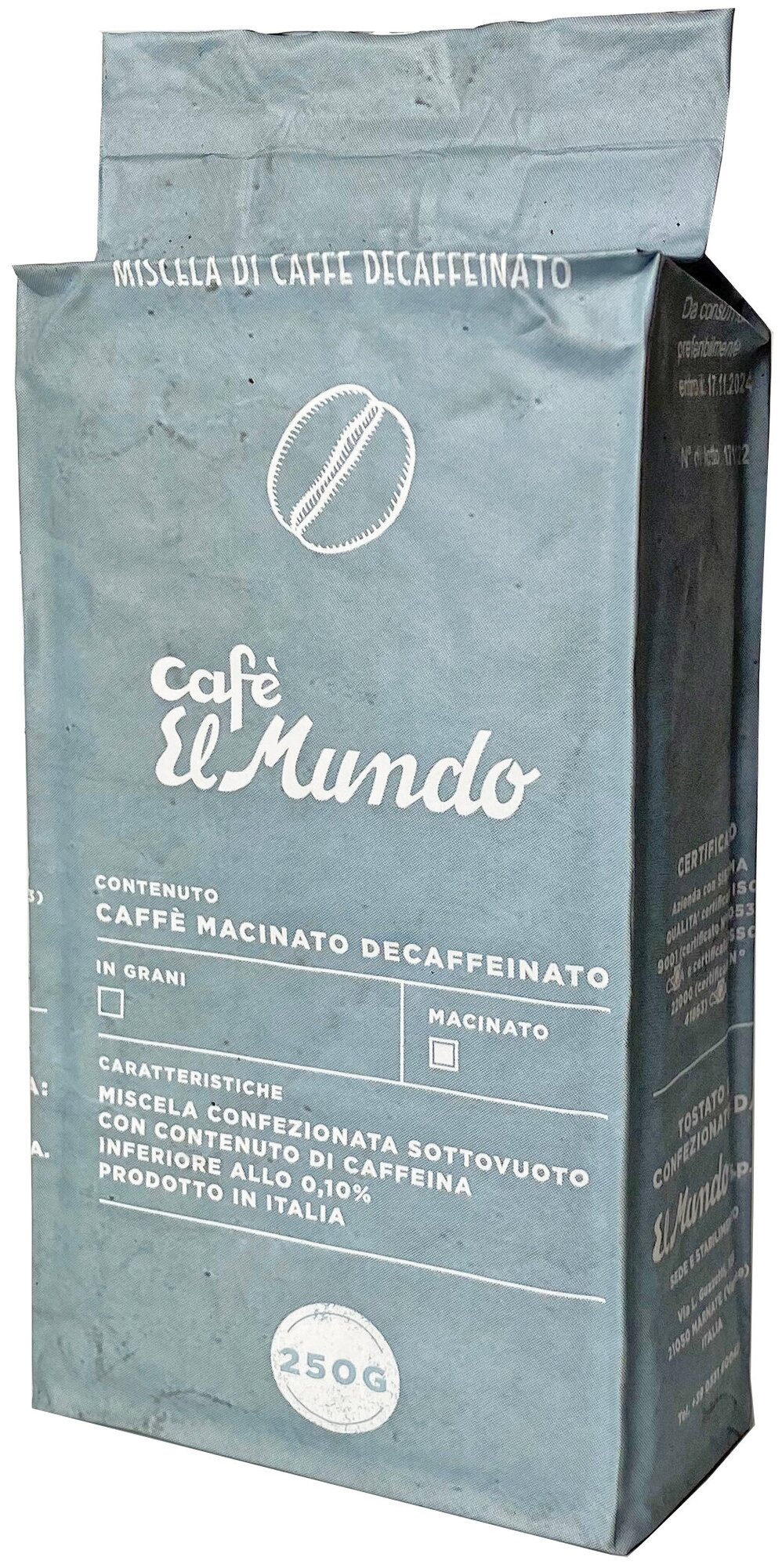 Молотый декофеинизированный кофе El Mundo Deс. 250 г. Италия, Милан
