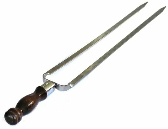Шампур двойной вилка из нержавеющей стали с узором и деревянной ручкой 450х12х3 мм