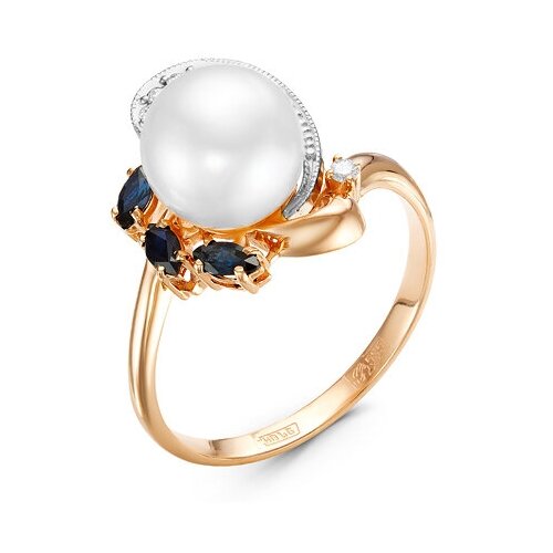 кольцо с жемчугом сапфирами и бриллиантами из белого золота Кольцо Бриллианты Костромы, красное золото, 585 проба, жемчуг, сапфир, бриллиант, размер 16.5