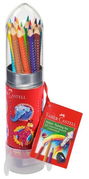 112457 Карандаши цветные Faber-Castell "Grip", 15цв., трехгран., заточен.+ точилка, метал. кор. в форме ракеты