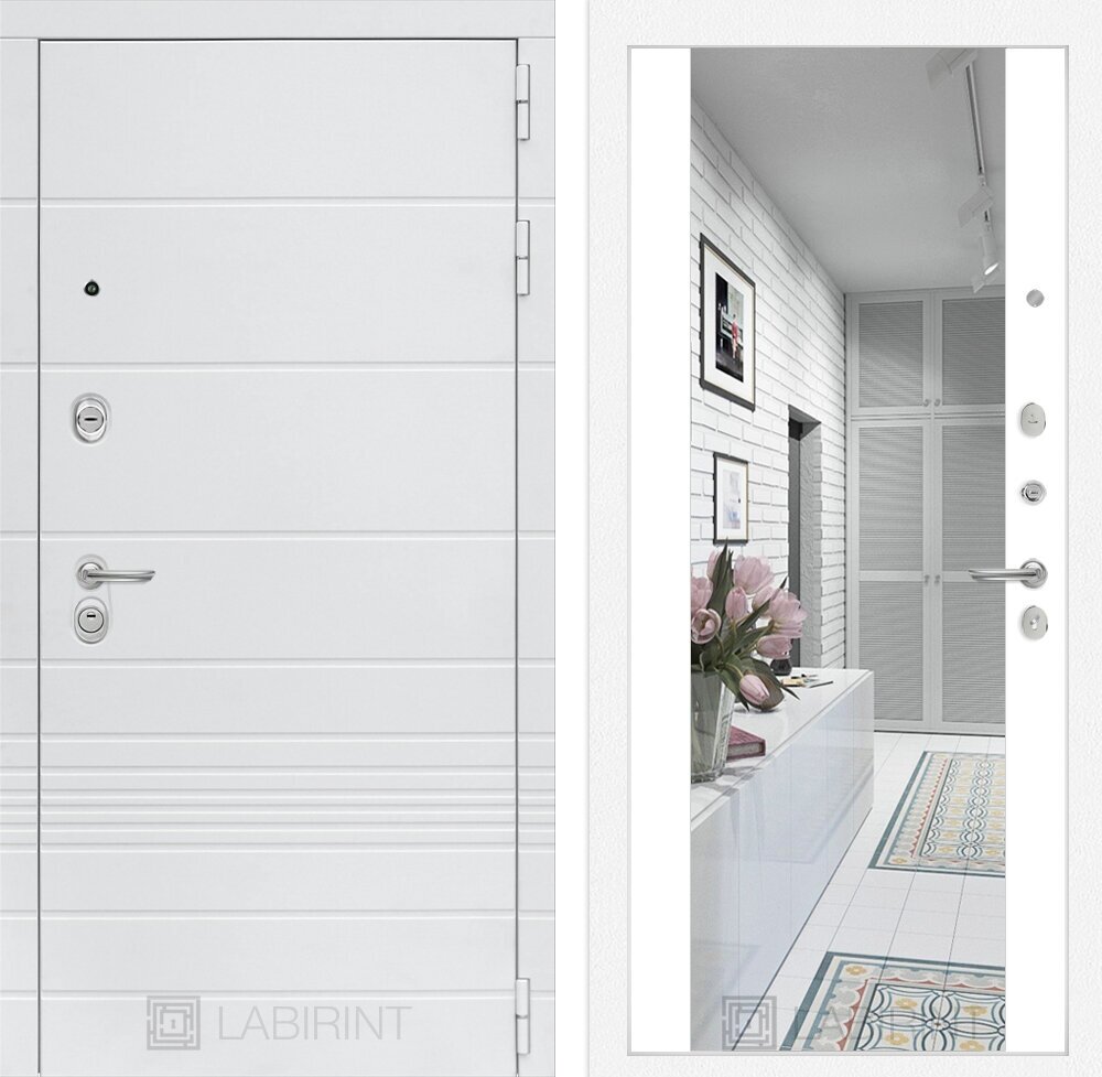 Входная белая дверь TRENDO в квартиру ПИК с внутренней панелью зеркало максимум, цвет белый софт, размер по коробке 960х2050, правая