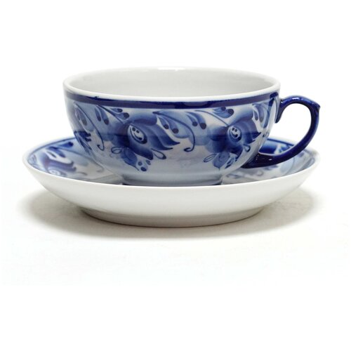 Чашка чайная с блюдцем Гжель 220 мл Рубин Голубые тюльпаны