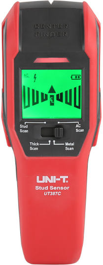 Детектор проводки UNI-T UT387C Обнаруживает (деревянную балку, металлический предмет, электрический провод); Глубина сканирования металла (76 мм); Глубина сканирования шипа (дерево) (28,5 мм); Глубина толстого сканирования (дерево) (38 мм); Толщина электр