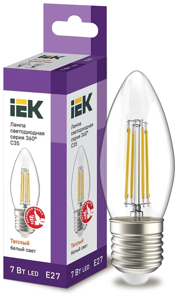 Лампа светодиодная LED IEK Свеча, серия 360°, E27, C35, 7 Вт, 3000 K, теплый свет