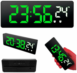 Часы электронные цифровые настольные с будильником, термометром и календарем (Космос X0715) черный корпус Зеленое время, Белая температура