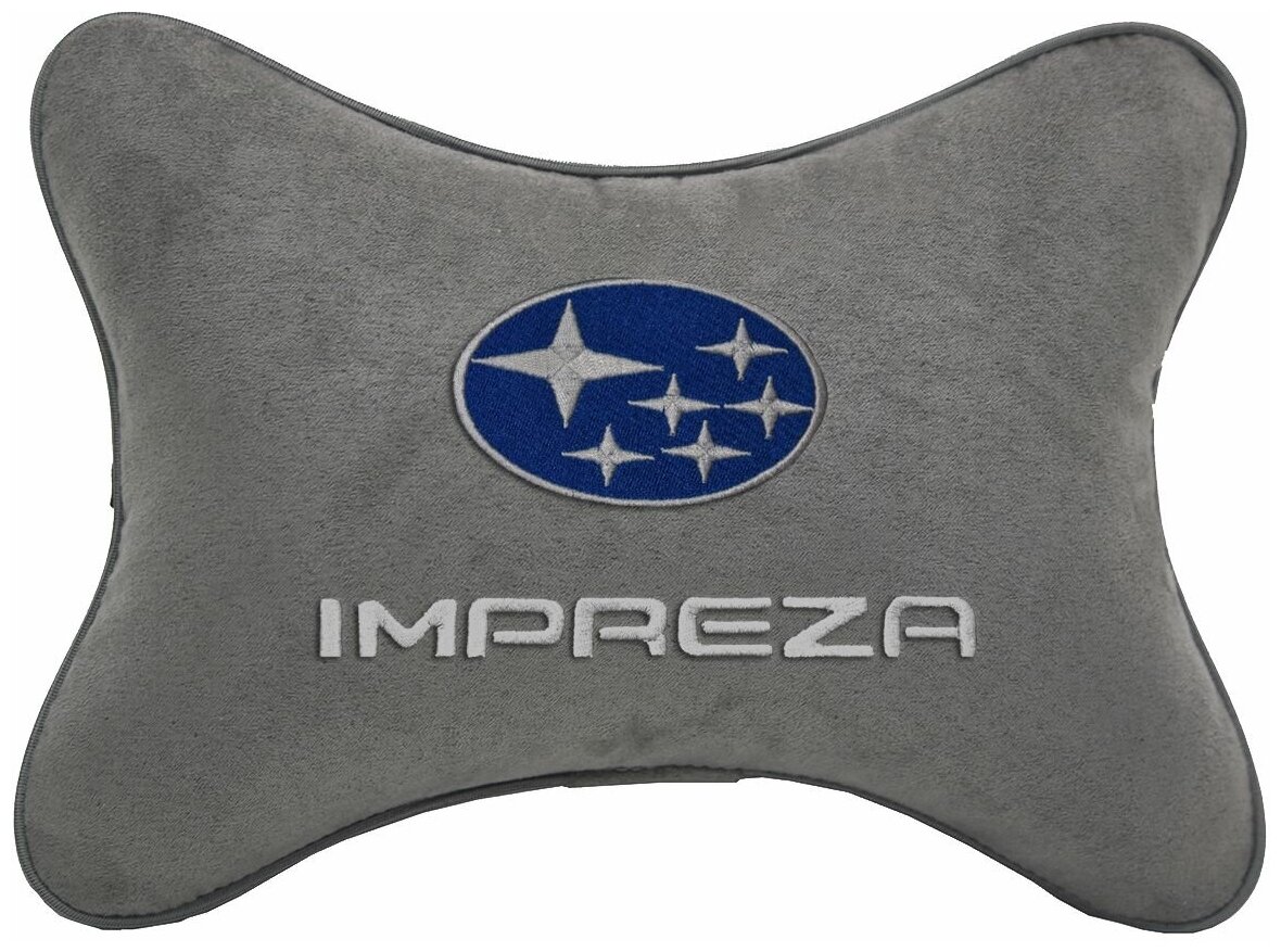 Подушка на подголовник алькантара L. Grey с логотипом автомобиля SUBARU IMPREZA