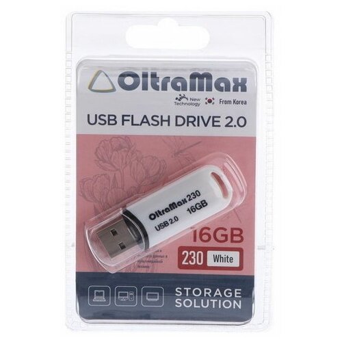 Флешка OltraMax 230, 16 Гб, USB2.0, чт до 15 Мб/с, зап до 8 Мб/с, белая