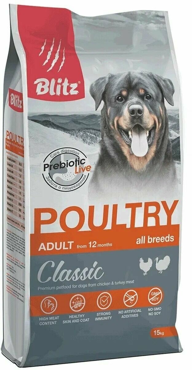 Корм сухой BLITZ Classic Poultry Adult Dog 15 кг для взрослых собак всех пород (домашняя птица)