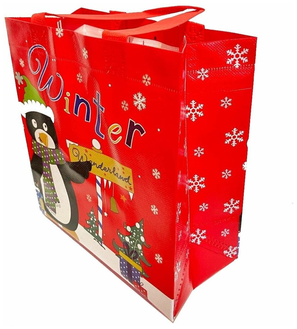 Пакет подарочный новогодний / Пакет-сумка с ручками "Пингвин", красный