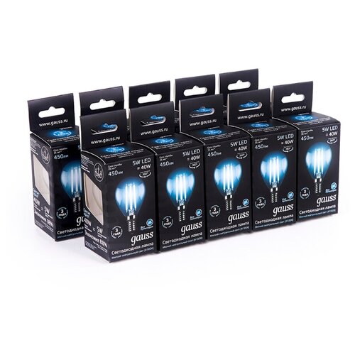 фото Упаковка ламп 10 штук лампа gauss led filament шар e14 5w 450lm 4100k 1/10/50