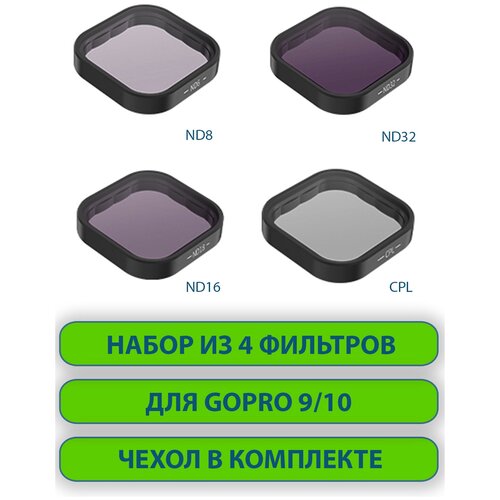 Набор из 4 светофильтров для GoPro 9 10 11 (защитный поляризационный CPL фильтр + ND8, ND16, ND32) TELESIN