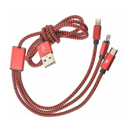 Кабель ROBITON P12 Multicord USB - microUSB/USB Type-C/Lightning, 1 м, 1 шт., красный универсальный шнур брелок usb apple 30pin apple 8pin mini usb 2 x micro usb robiton черный