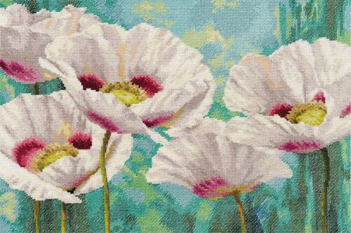 Изображение товара Набор для вышивания крестом Алиса "Белые маки" 2-38, 40х27 см Творческий набор с комплектом качественных ниток мулине, хлопковой канвой, удобной иглой, подробной схемой и инструкцией