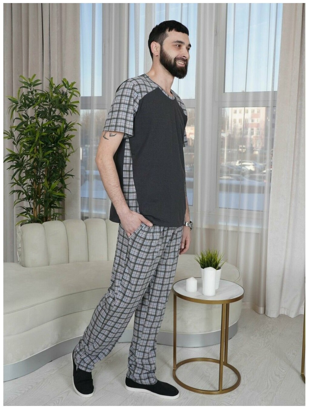Костюм мужской домашний Like Teks "Алекс" мужская пижама для дома, для сна, трикотаж, хлопок, больших размеров, комплект одежды, футболка, брюки 52 - фотография № 3