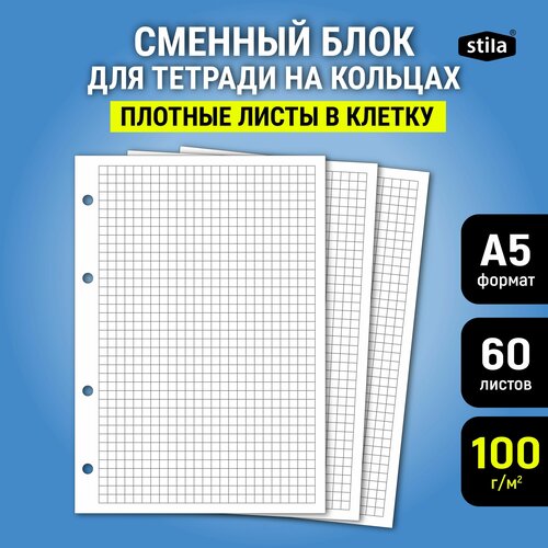 Cменный блок А5 в клетку для тетради на кольцах, 60 листов, плотная бумага 100 г/м2.