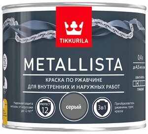 Краска по ржавчине <b>Tikkurila</b> METALLISTA, серая глянцевая (0,4 л) Краска по ржавчине для внутренних и