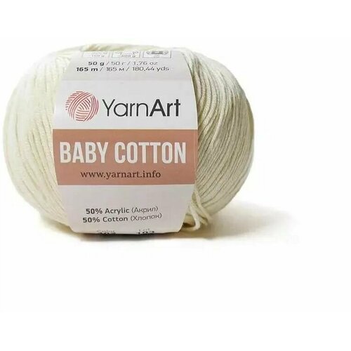 Пряжа YarnArt Baby Cotton -1 шт, 402 кремовый, 165 м/50 г, 50% хлопок, 50% акрил /ярнарт беби коттон/ пряжа yarnart velour цвет мятный