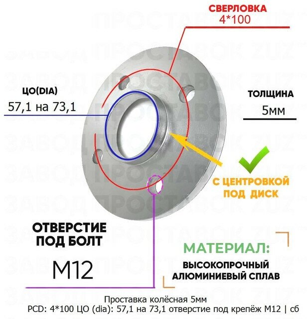 Проставка колёсная 1 шт 5мм 4*100 ЦО 57,1 на 73,1 отверстие под крепёж М12 ступичная с бортиком для дисков 1 шт на ступицу 4x100 4х100