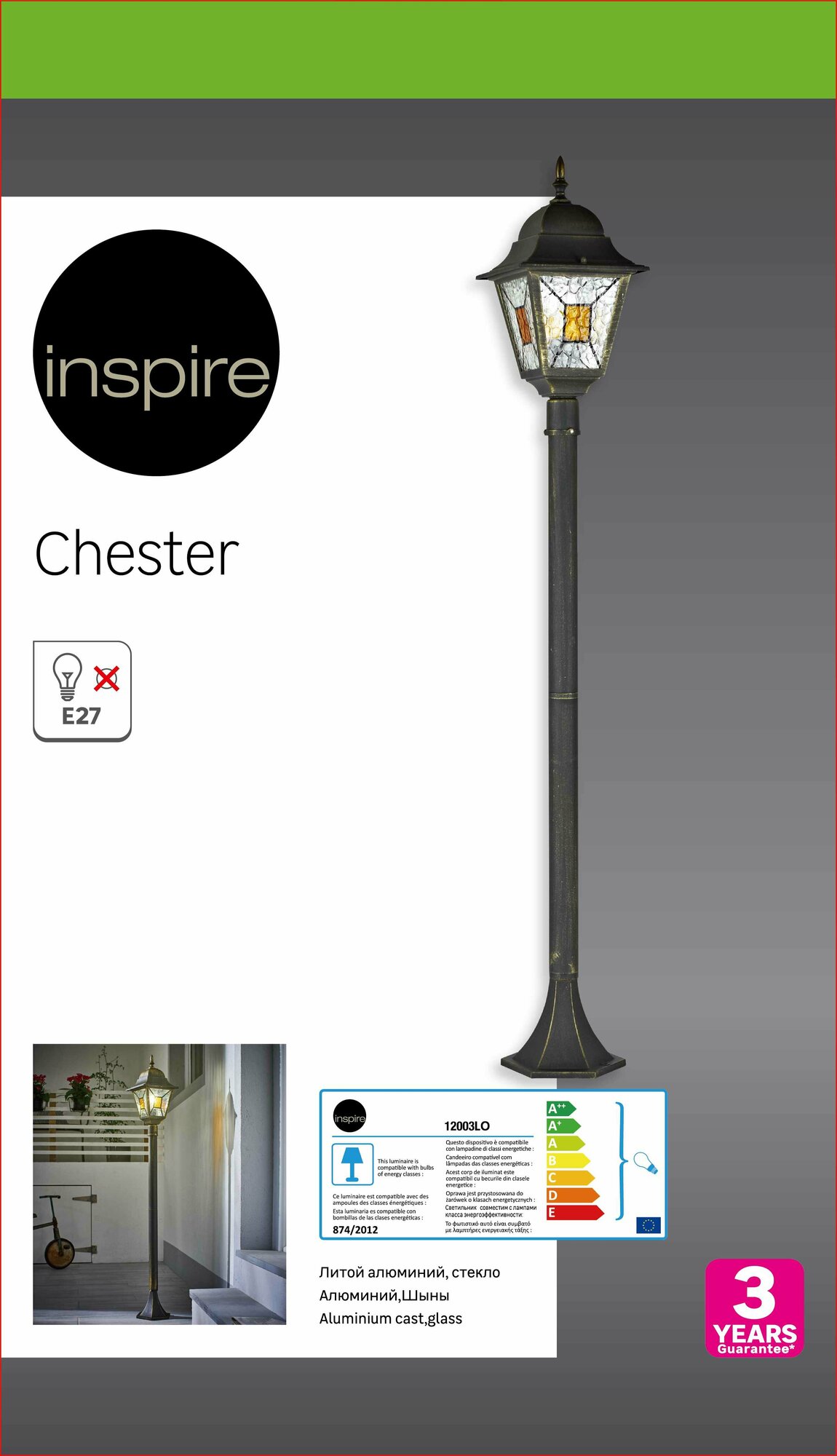 Столб уличный Inspire Chester 1xE27х100 Вт, 1,2 м, декоративное стекло, IP44 - фото №7