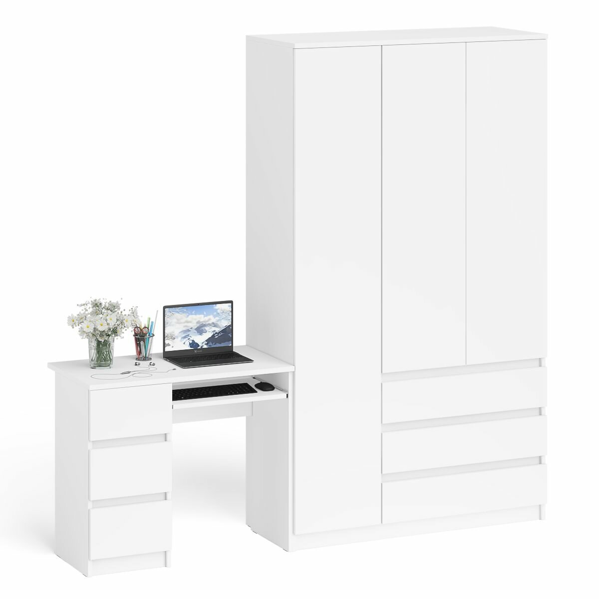 Компьютерный стол СВК Мори МС-6 левый и шкаф-комод с дверкой и тремя ящиками цвет белый, 210,4х50,4х209,6 см.