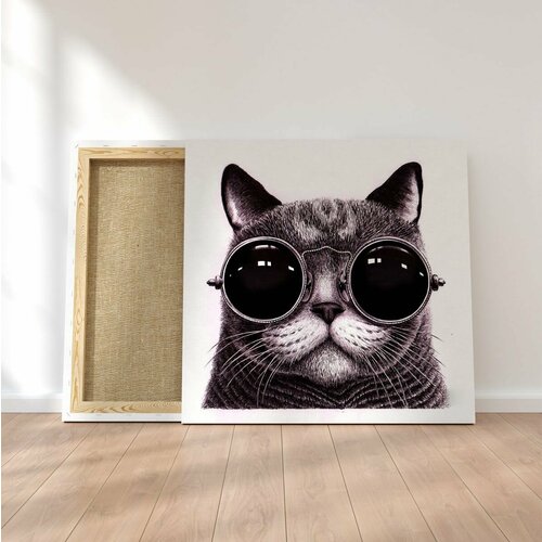 Интерьерная картина на натуральном холсте - Кот в очках, 70 х 70 см.
