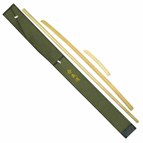 Комплект тренировочного оружия из граба (боккен 102см, дзё 127см, танто 29см, чехол зеленый с вышивкой Айкидо)