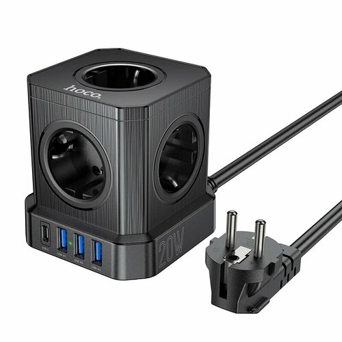 Сетевой фильтр-удлинитель Hoco NS8 5 гнезд + PD 20W + 3USB/1USB-C QC3.0 20W, 4 КВт, 2 метра черный