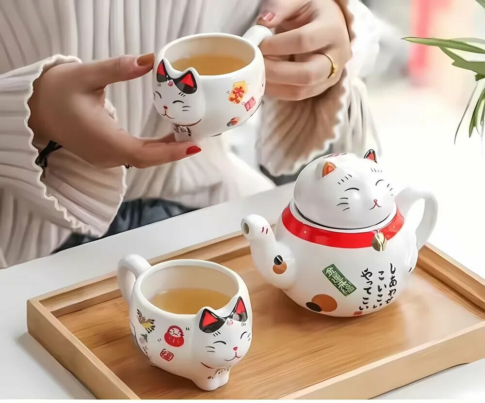Чайный сервиз Maneki Neko "Кот удачи" Lucky Cat, керамика, белый, для 2 персон