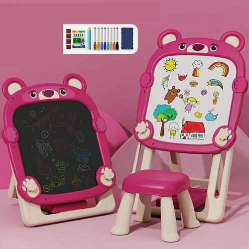 Изображение товара Детский двухсторонний мольберт, розовый, с набором, регулируемая высота, 34.5x28x62см