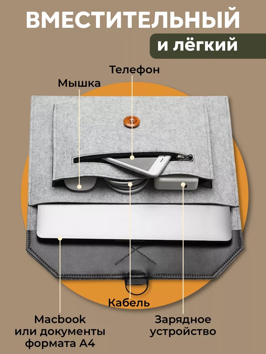 Чехол конверт сумка для нойтбука MacBook Air/Pro 13/14, фетровый — фото 1