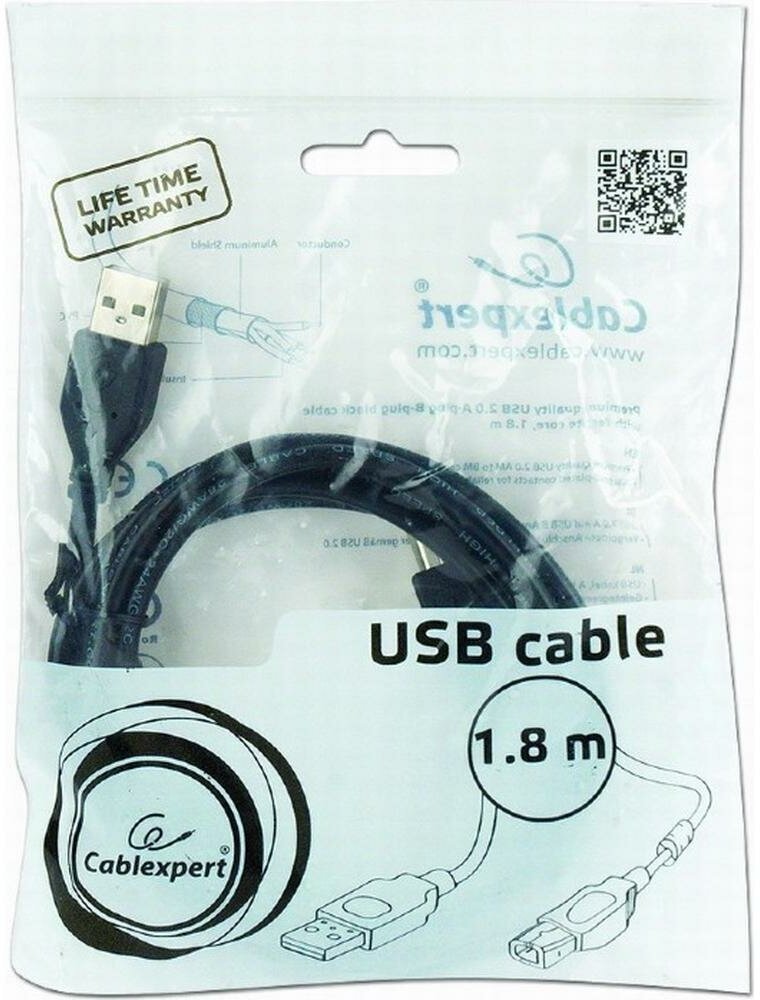 Кабель USB AM/BM Cablexpert CCF-USB2-AMBM-6, 1.8 м, экран, феррит. кольцо