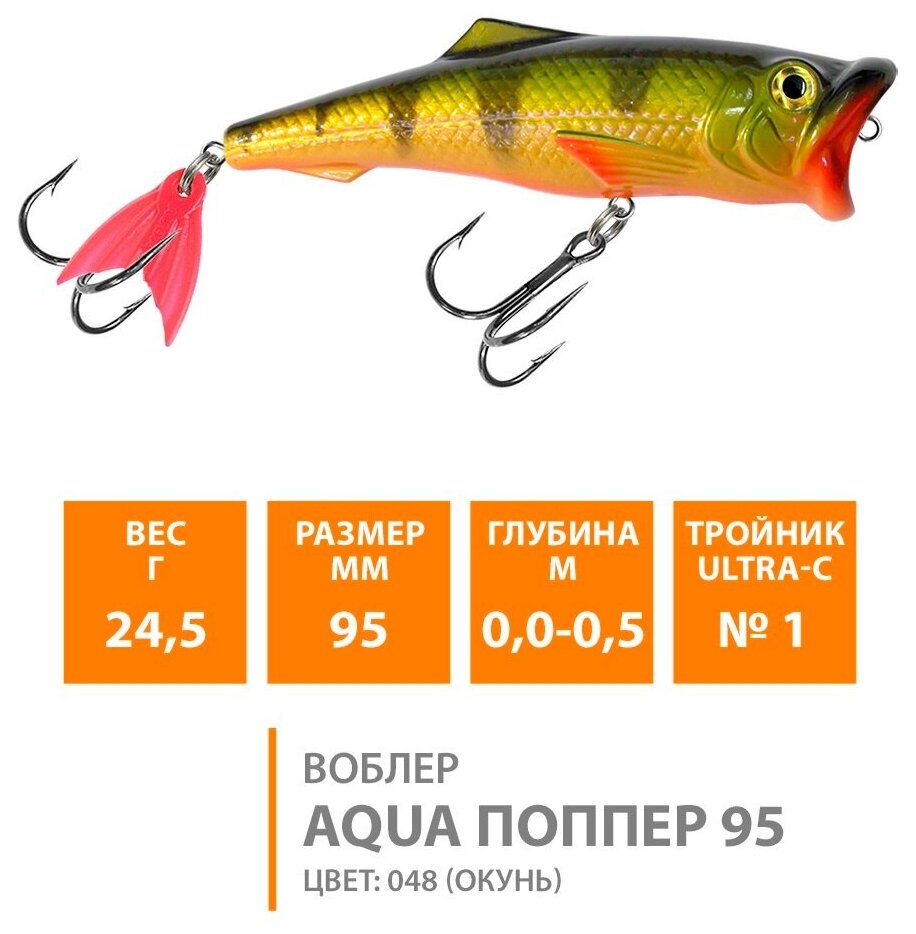 Воблер для рыбалки поверхностный AQUA Поппер 95mm 24.5g цвет 048