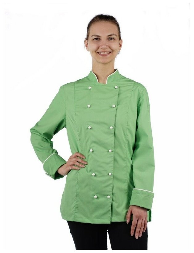 Китель женский ELBA Kupifartuk, китель поварской, куртка повара, рубашка рабочая, униформа поварская, зеленый с белым кантом, 54